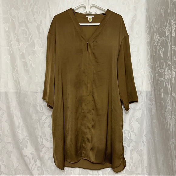 H&M Bronze Silky Flowy V-Neck Seamed Relaxed Fit Long Sleeve Shift Dress - Picture 10 of 10